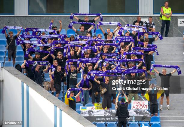 Cherkasy fans support the team from the stands during the Ukrainian Premier League match between Dynamo Kyiv and LNZ Cherkasy on September 1, 2024 in...