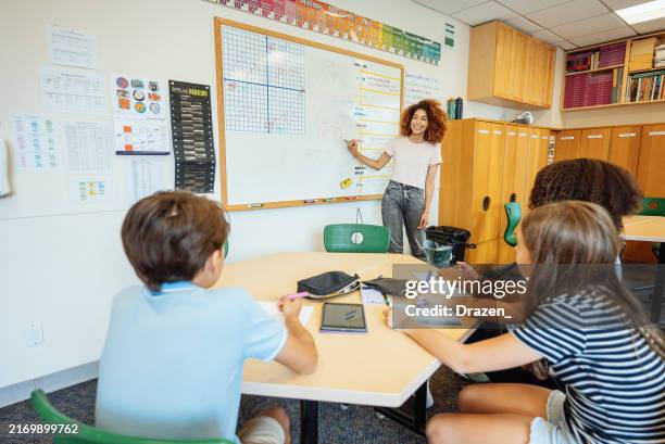 hispanic teacher instructing a group of attentive students in a classroom, using a whiteboard for explanations. - better hearing stock pictures, royalty-free photos & images