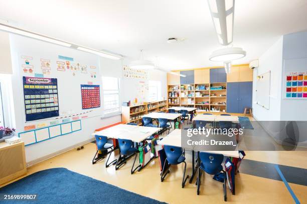 bright and well-organized elementary classroom featuring blue chairs, tables, shelves with books, educational posters, and a blue carpet. - empty classroom stock pictures, royalty-free photos & images