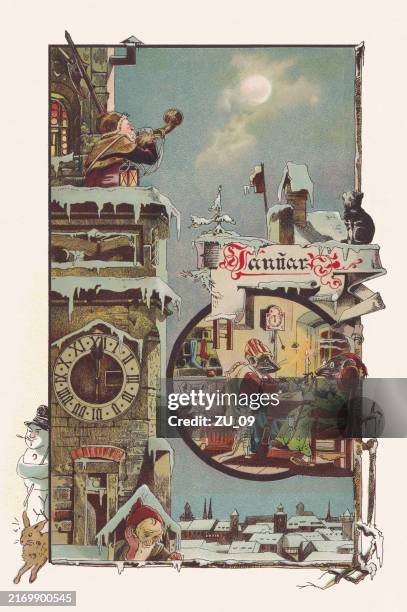 illustrazioni stock, clip art, cartoni animati e icone di tendenza di pagina del calendario nostalgico: gennaio, cromolitografia, pubblicato nel 1891 - campanile orologio