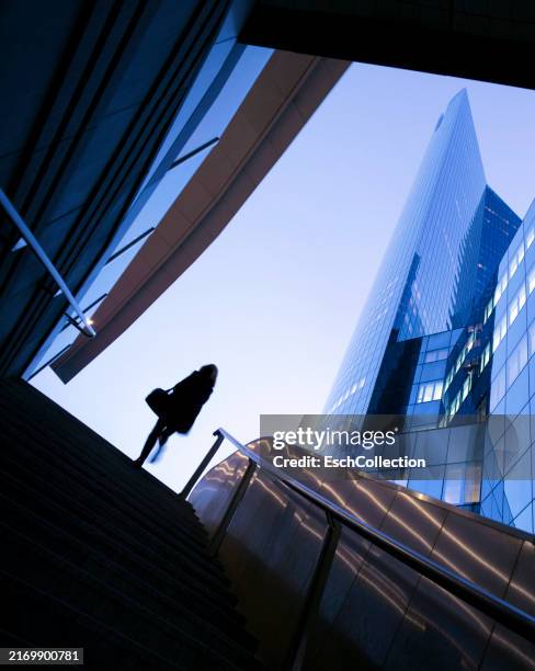businesswoman on top of stairs at modern business district - the bigger picture stock pictures, royalty-free photos & images