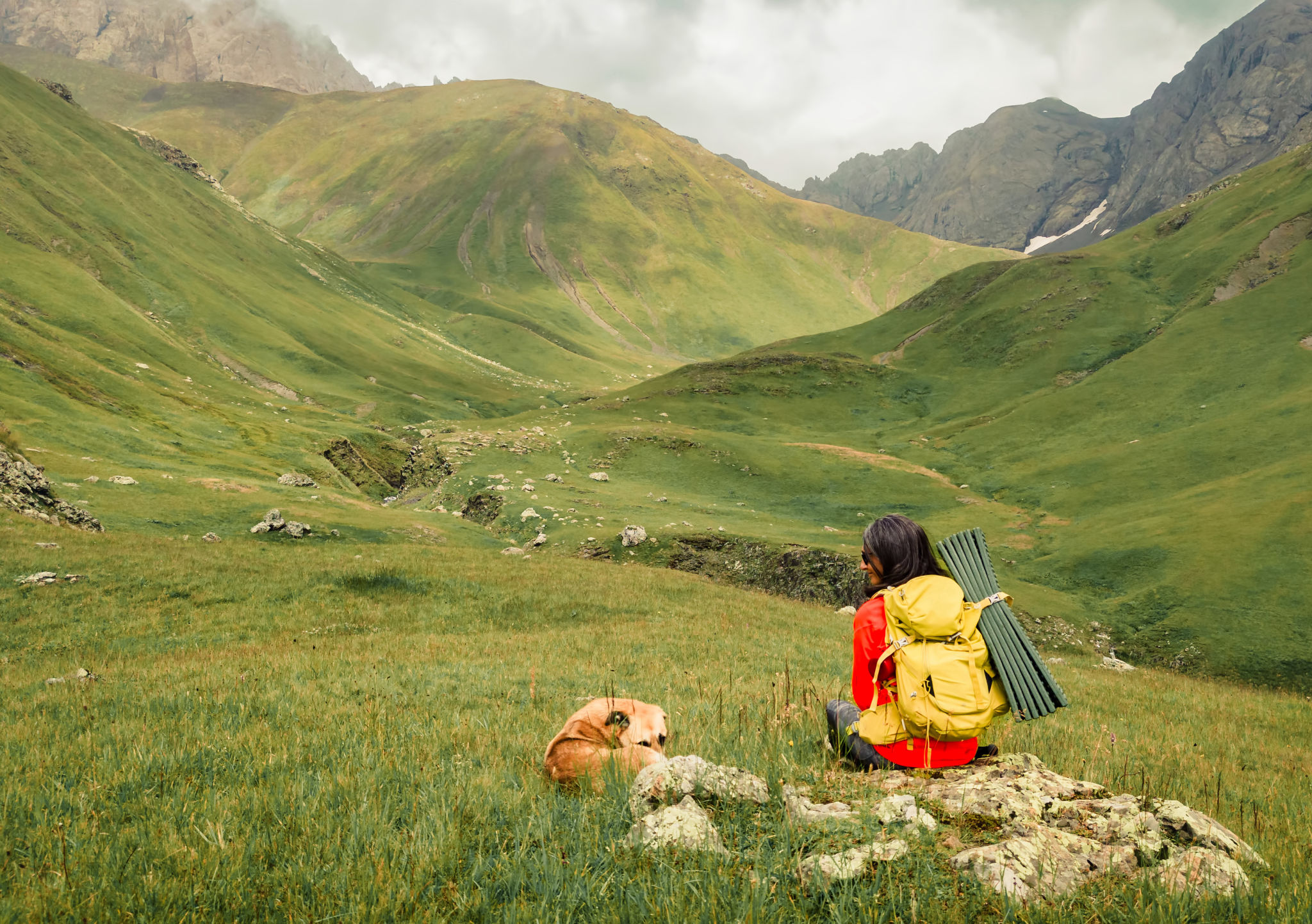 Young caucasian woman sit with her cute adult long haired adopted stray dog cuddle enjoying hike together in mountains. Man's best friend dog concept. Travel tourism with animal in autumn or fall Young caucasian woman sit with her cute adult long haired adopted stray dog cuddle enjoying hike together in mountains. Man's best friend dog concept. Travel tourism with animal in autumn or fall