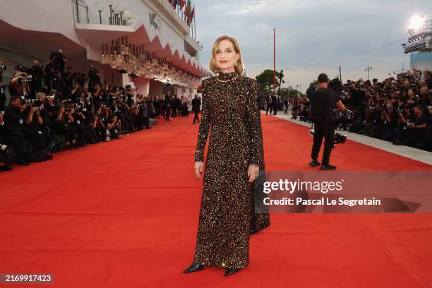 Jury President Isabelle Huppert attends the "The Room Next Door" red carpet during the 81st Venice International Film Festival on September 02, 2024...