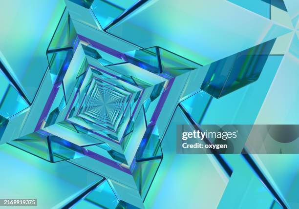 abstract geometric tunnel in blue and green. a digital abstract artwork featuring a geometric tunnel effect with glass-like textures in shades of blue and green, creating a sense of depth and movement. - emergence stock pictures, royalty-free photos & images