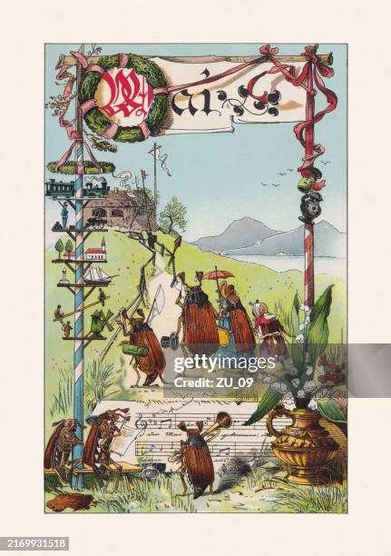 nostalgisches kalenderblatt: mayl, chromolithographie, erschienen 1891 - maypole stock-grafiken, -clipart, -cartoons und -symbole