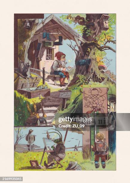 nostalgic calendar page: june, chromolithograph, published in 1891 - locust stock illustrations