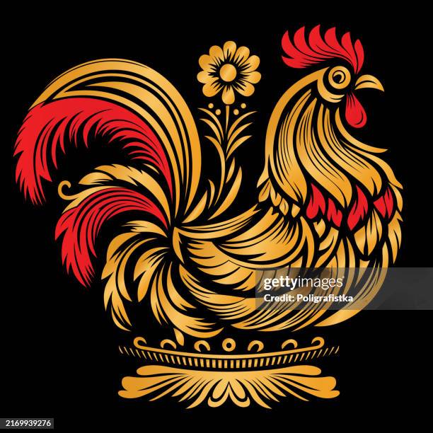gold pattern in khokhloma style - chicken vector stock illustrations