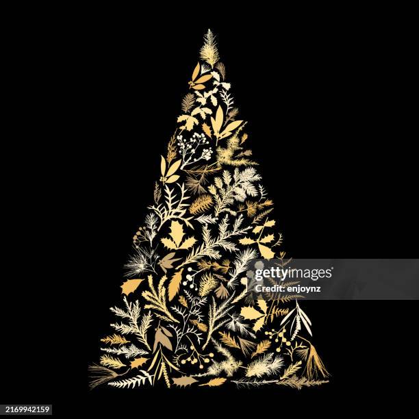 golden christmas tree card design made up of realistic plants - spruce tree stock illustrations
