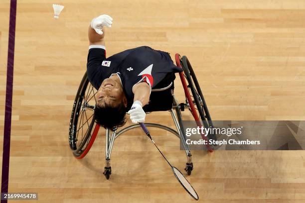 Jungjun Kim of Team Korea competes during the Men's Singles WH2 Bronze Medal Match Match MSWH2115 on day five of the Paris 2024 Summer Paralympic...