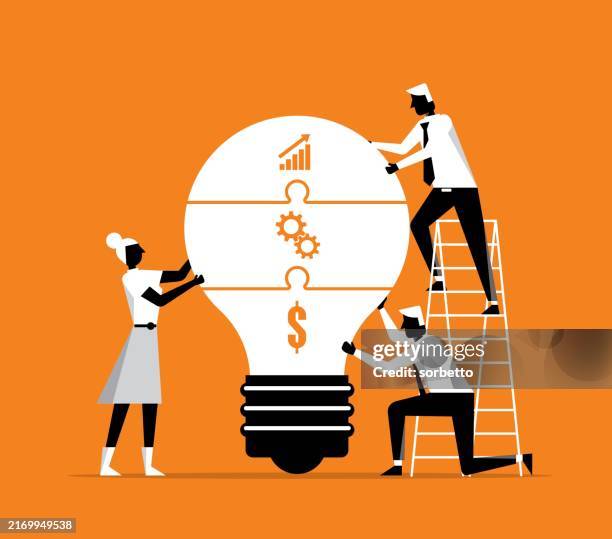 jigsaw puzzle - light bulb - teamwork - rivalry stock illustrations