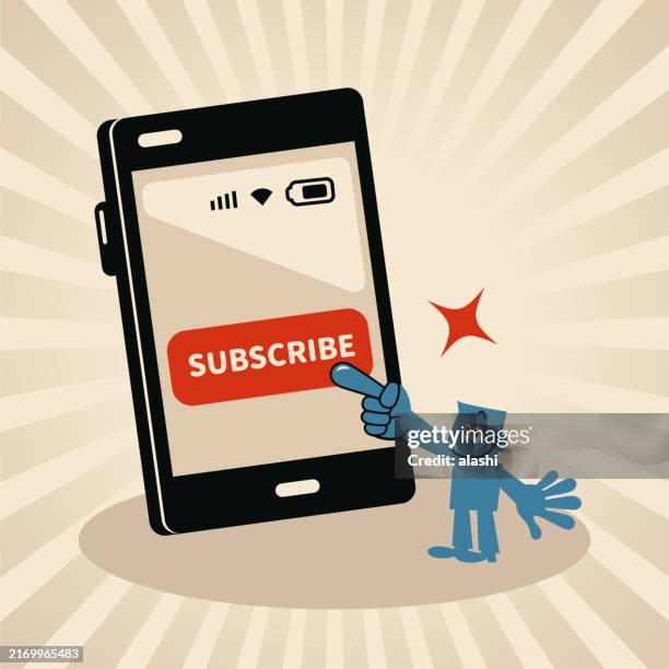 ilustraciones, imágenes clip art, dibujos animados e iconos de stock de una persona presiona el botón suscribirse en la pantalla grande de un teléfono inteligente - un solo hombre