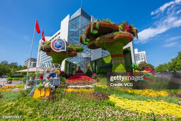 Themed flower beds are set up along the street to greet the 2024 Summit of the Forum on China-Africa Cooperation on September 2, 2024 in Beijing,...