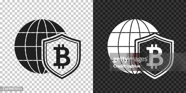 bitcoin shield with globe. icon for design on blank background - blockchain technology globe stock illustrations
