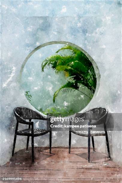 watercolor of two chairs and a view - indoor fruit tree stock pictures, royalty-free photos & images