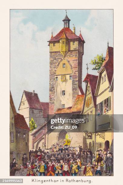 ilustrações de stock, clip art, desenhos animados e ícones de the klingentor in rothenburg ob der tauber, chromolithograph, published 1891 - porta da cidade