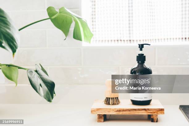 ecologically friendly brushes and soap. - spülmittel stock-fotos und bilder