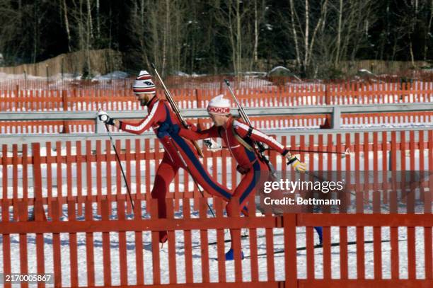 American biathletes Glenn Jobe and Peter Hoag pictured during skiing practice at the Mt Van Hoevenberg centre in Lake Placid, New York, February 10th...