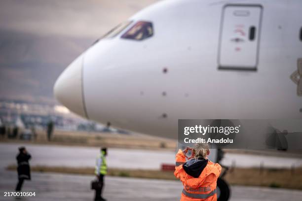The plane departs for Frankfurt, Germany after arriving in Erzurum, Turkiye to transport the passengers of the Vistara Airlines flight that made an...
