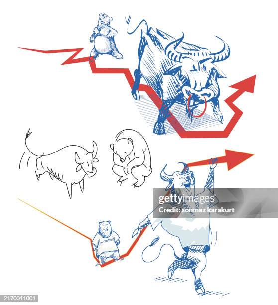 various bull, bear drawings - meat processing stock illustrations