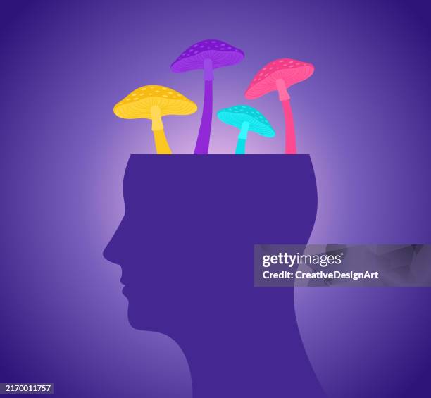ilustrações de stock, clip art, desenhos animados e ícones de human head silhouette with colorful mushrooms. therapeutic psychedelic concept - terapia alternativa