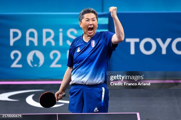 Thu Kamkasomphou of Team France celebrates a point against Florencia Perez of Team Chile during the Women's singles WS8 Quarterfinal 3 Game 6 on day...