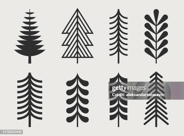 ilustraciones, imágenes clip art, dibujos animados e iconos de stock de iconos de pino estilizados - abeto