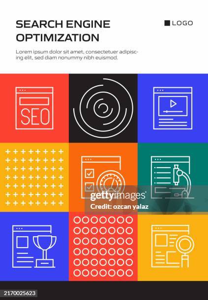 search engine optimization concept, line style vector illustration. - content management system stock illustrations