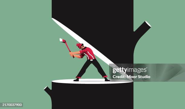 illustrazioni stock, clip art, cartoni animati e icone di tendenza di lamberjack che taglia un albero che sta per cadere su di lui - indifferenza