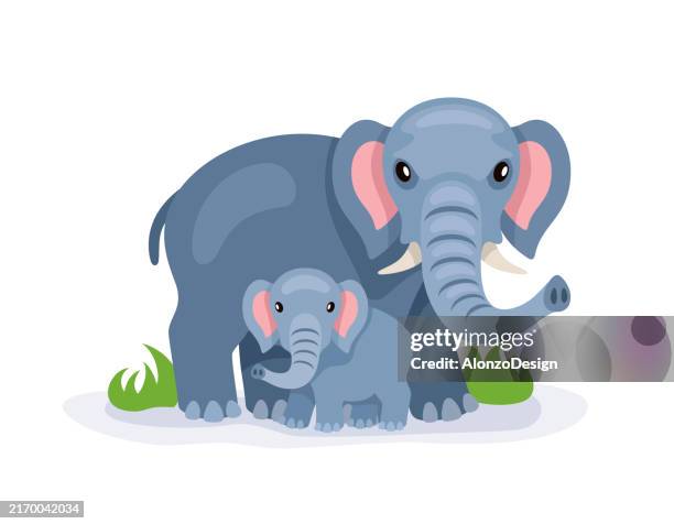 a baby elephant with its mother. - elephant stock illustrations