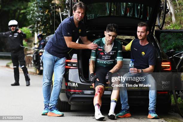 Wout van Aert of Belgium and Team Visma | Lease a Bike - Green Points Jersey reacts after the fall and abandons the race during the La Vuelta - 79th...
