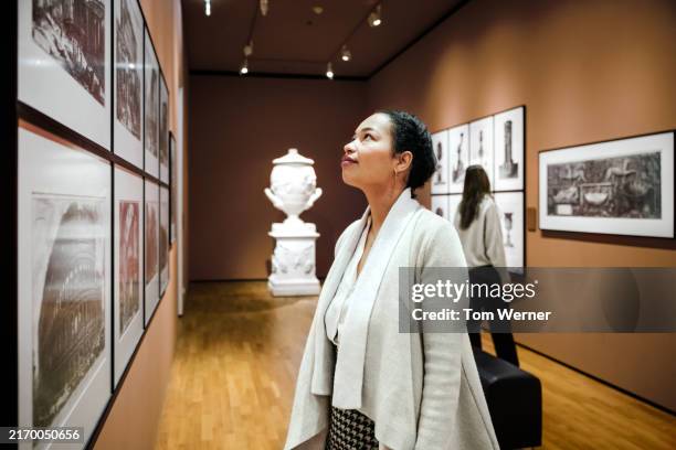 woman appreciating art in a quiet gallery - inauguración-de-galería fotografías e imágenes de stock