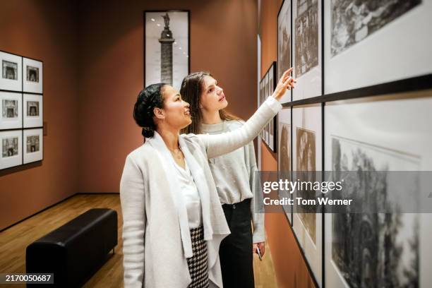 women discussing art in classy gallery - exhibition stock pictures, royalty-free photos & images