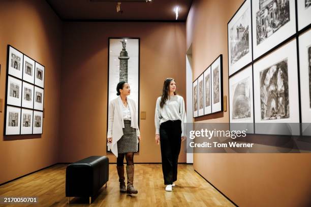 women exploring art in classy museum gallery - kunstmuseum stock-fotos und bilder