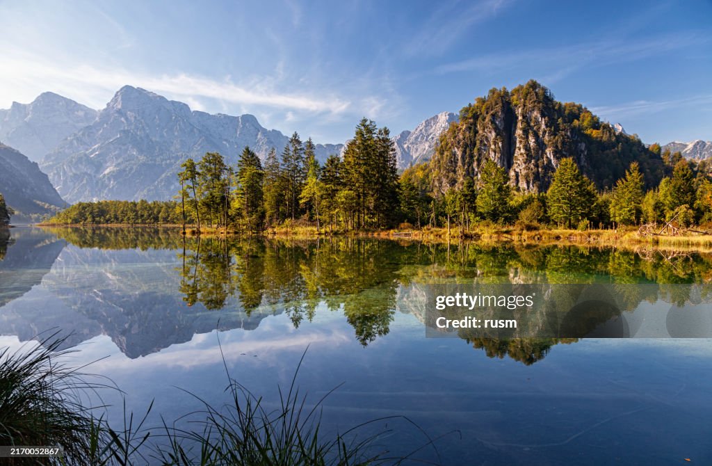 Summer morning panorama of Lake Alm (Almsee) in Salzkammergut, Austria.