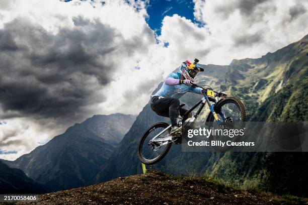 Loic Bruni of France of Team Specialized Gravity Republic rides on the DH Track during the UCI Mountain Bike World Series Loudenvielle on September...