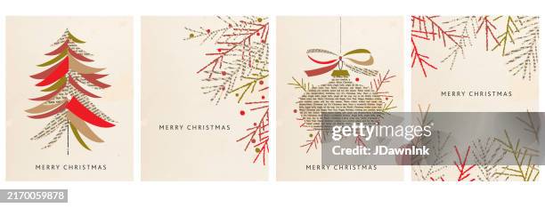 retro collage style set of merry christmas greeting card design templates christmas tree, branches and ornament on paper texture - newspaper christmas greeting stock illustrations