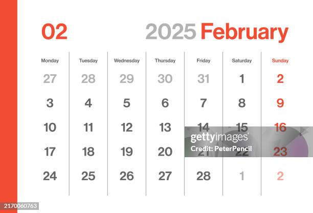 ilustraciones, imágenes clip art, dibujos animados e iconos de stock de february 2025 calendar monthly - minimalism style landscape horizontal calendar for 2025 year - vector template - european grid - the week starts on monday - febrero