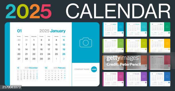 calendar 2025 monthly - minimalism style corporative landscape horizontal calendar for 2025 year - vector template with place for photo and personalization - european grid - the week starts on monday - monday stock illustrations