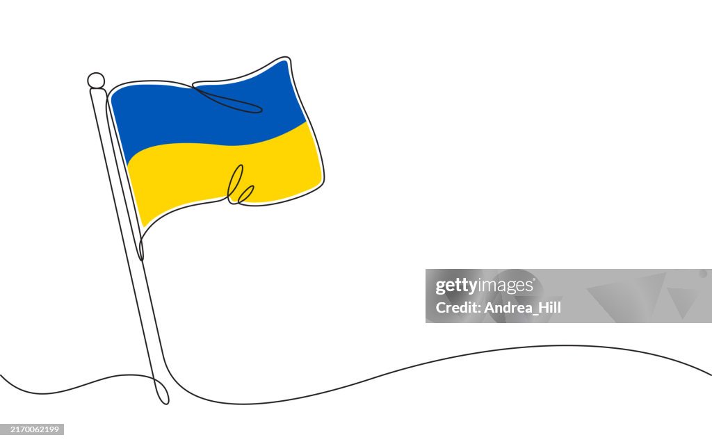 Flag of the European Country of Ukraine. Continuous Line Drawing with Color Elements, Editable Stroke and Copy Space