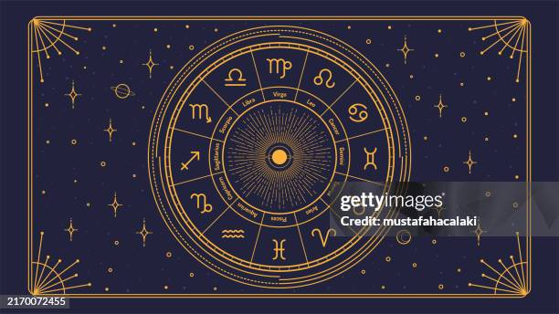 ilustraciones, imágenes clip art, dibujos animados e iconos de stock de fondo de los signos del zodiaco de estilo retro dorado - acuario signo zodíaco de aire