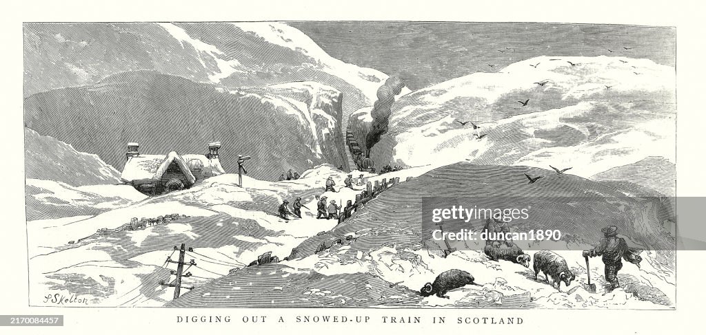 Digging out stream train and sheep stuck in snow drifts, Winter in Scotland, Vintage illustration, Victorian, 19th Century 1880s