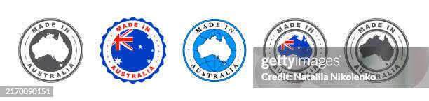 made in australia label set, product emblem on white isolated background. - sydney shopping stock illustrations