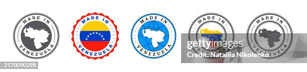 made in venezuela label set, product emblem on white isolated background. - venezuela flag stock illustrations