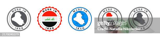 made in iraq label set, product emblem on white isolated background. - iraq flag stock illustrations