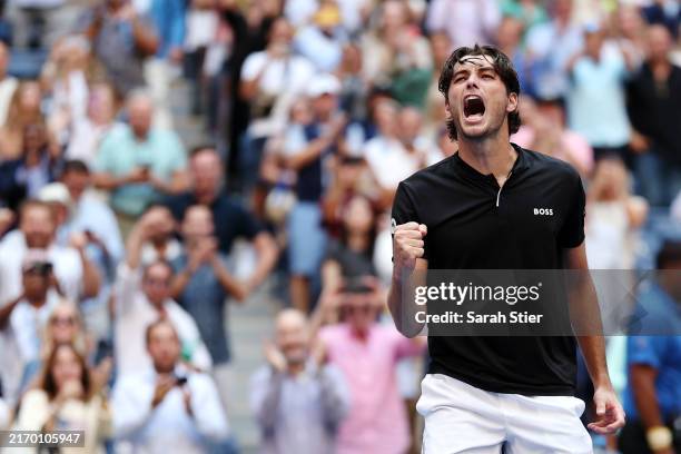 Taylor Fritz of the United States celebrates after defeating Alexander Zverev of Germany during their Men's Singles Quarterfinal match on Day Nine of...