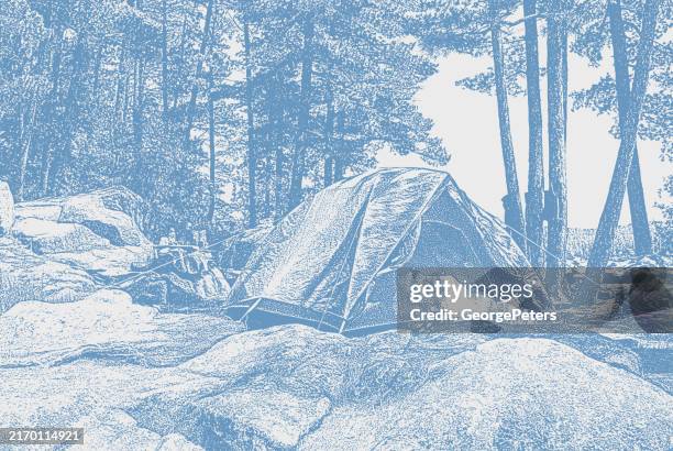 campsite on a wilderness lake - quetico provincial park stock illustrations
