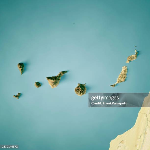 kanarische inseln satelliten topographische karte 3d rendering true color - kanaren stock-fotos und bilder