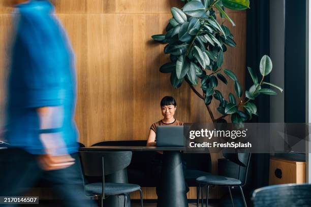 espacio de trabajo moderno con computadora portátil y planta interior - gran angular fotografías e imágenes de stock