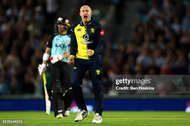 Callum Parkinson of Durham celebrates taking a wicket during the T20 Vitality Blast Quarter-Final between Surrey and Durham Cricket at The Kia Oval...