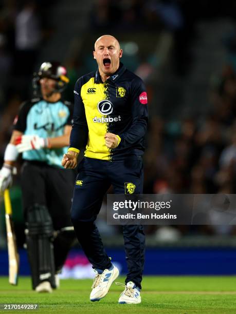 Callum Parkinson of Durham celebrates taking a wicket during the T20 Vitality Blast Quarter-Final between Surrey and Durham Cricket at The Kia Oval...